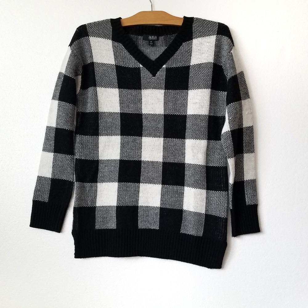Ana Womens XS Buffalo Plaid Check Sweater Pullover Long Sleeve Black & White